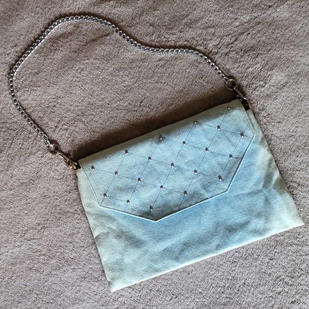 Jo’s Designs Handmade Fabric Chain Strap Light Wash Denim Blue Studded F…